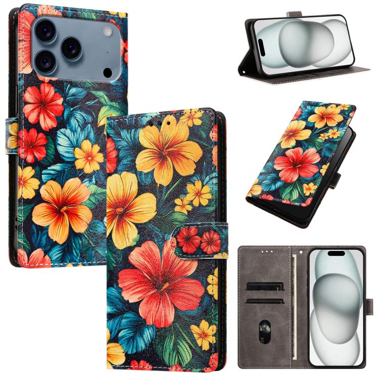 For iPhone 17 Pro CH002 Colored Drawing Buckle Clasp Vegan Leather Phone Case(Hibiscus)