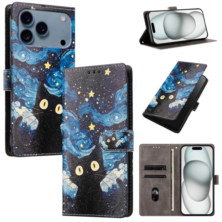 For iPhone 17 Pro CH002 Colored Drawing Buckle Clasp Vegan Leather Phone Case(Star Cat)