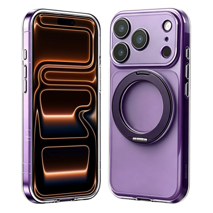 For iPhone 17 Pro Change to 17 Pro Silicone Magnetic Phone Case with 360 Degrees Rotating Holder(Dark Purple)