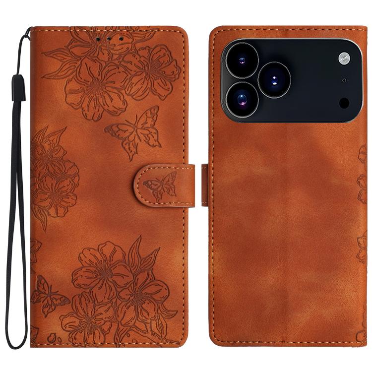 For iPhone 17 Pro Cherry Blossom Butterfly Skin Feel Embossed PU Phone Case(Brown)