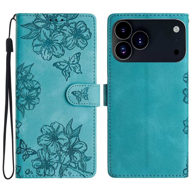 For iPhone 17 Pro Cherry Blossom Butterfly Skin Feel Embossed PU Phone Case(Green)