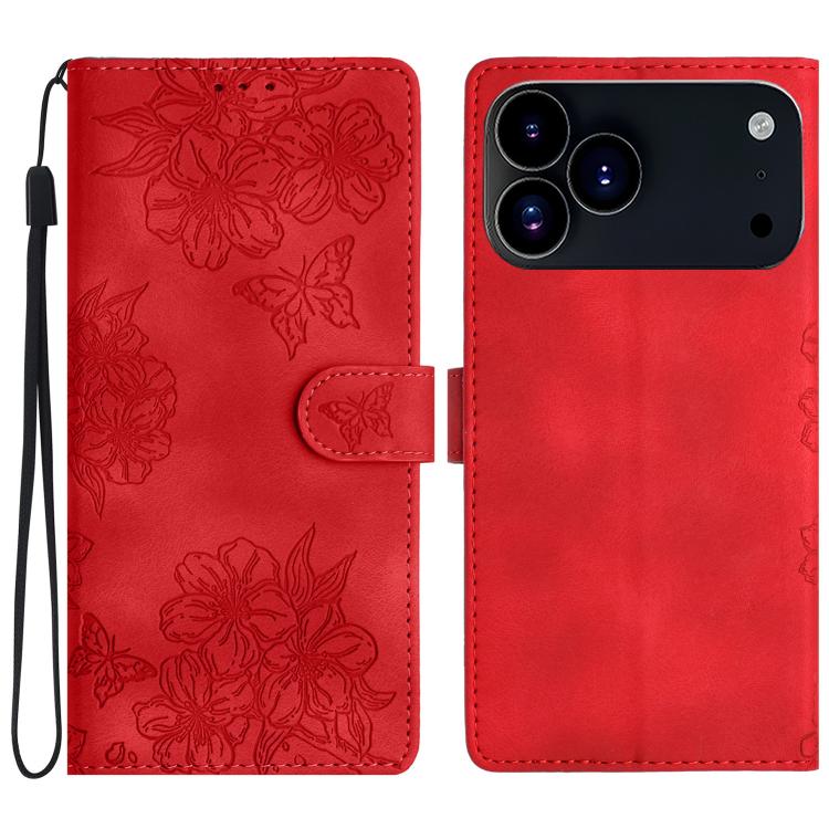 For iPhone 17 Pro Cherry Blossom Butterfly Skin Feel Embossed PU Phone Case(Red)
