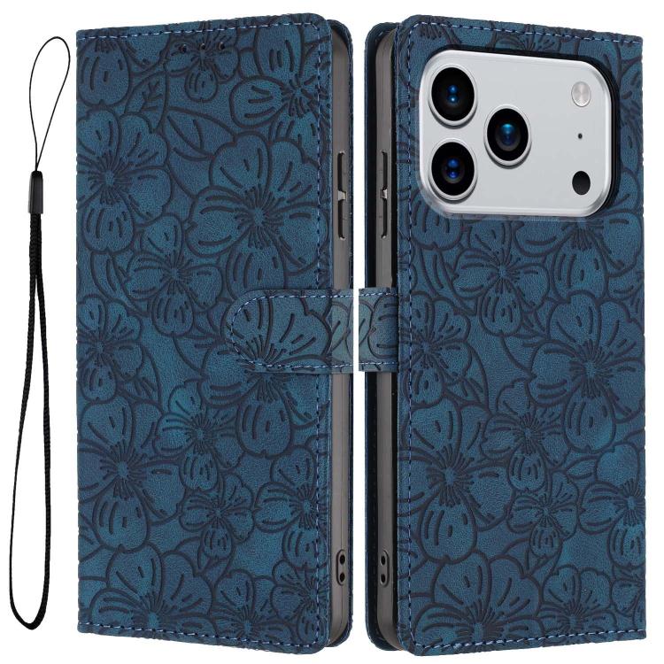 For iPhone 17 Pro Cherry Blossoms Embossed Leather Phone Case(Dark Blue)