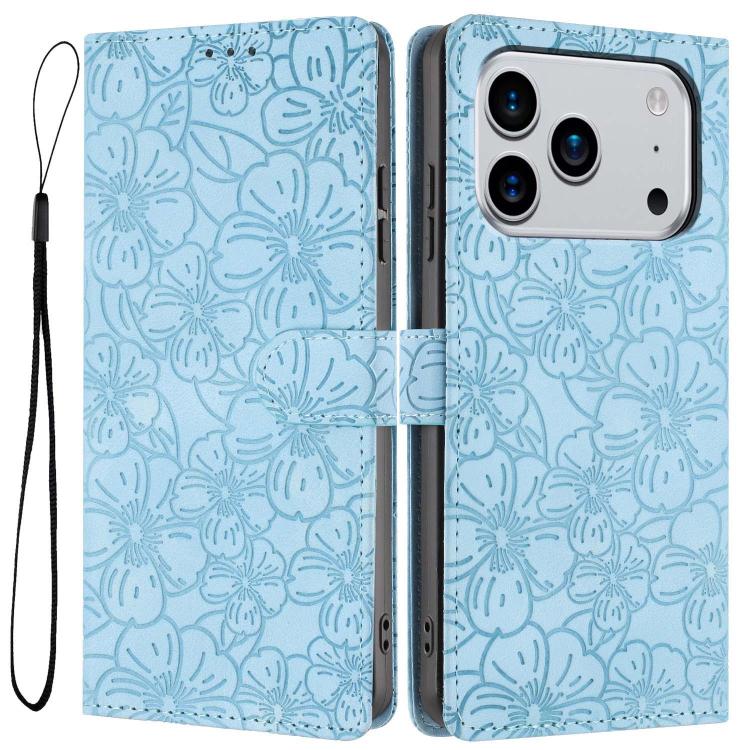 For iPhone 17 Pro Cherry Blossoms Embossed Leather Phone Case(Light Blue)