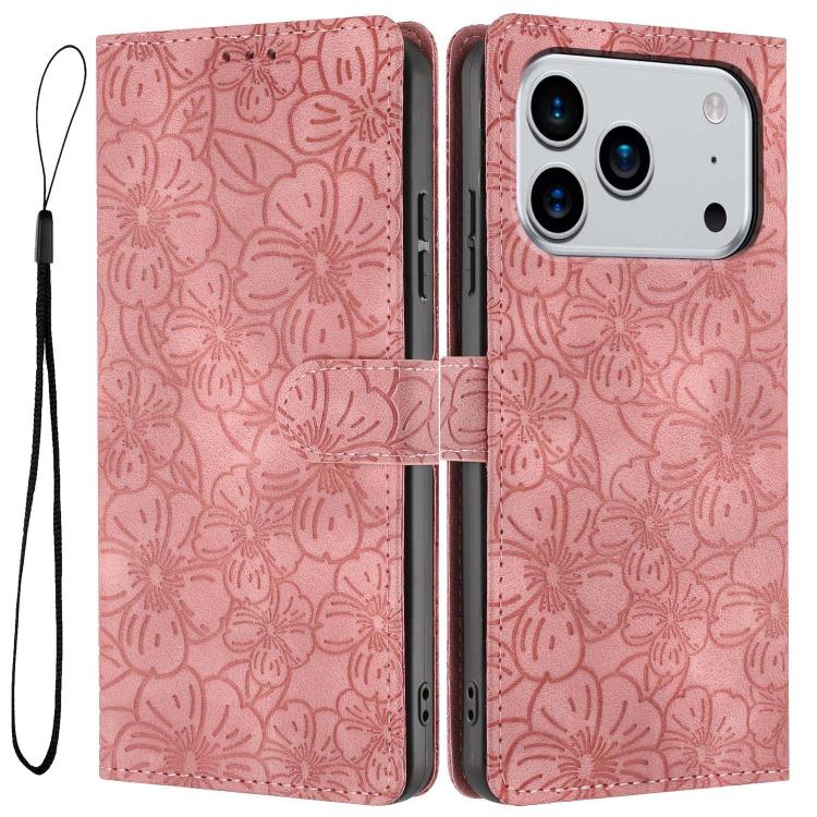 For iPhone 17 Pro Cherry Blossoms Embossed Leather Phone Case(Pink)