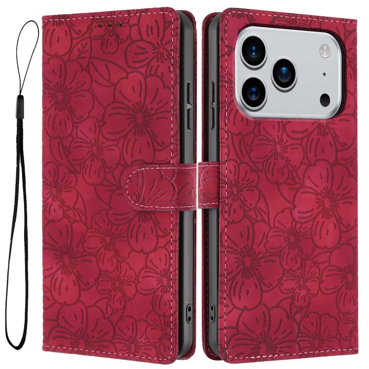 For iPhone 17 Pro Cherry Blossoms Embossed Leather Phone Case(Red)