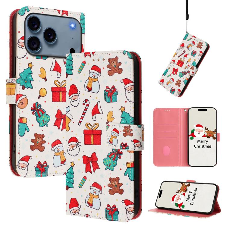 For iPhone 17 Pro Christmas Series Buckle Leather Phone Case with Hand Strap(Christmas Elements)