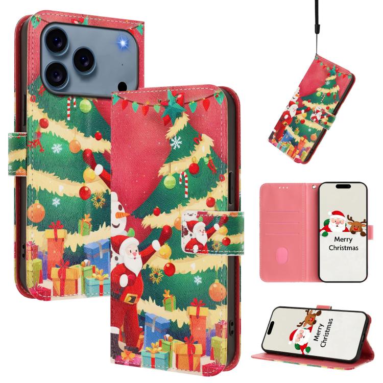 For iPhone 17 Pro Christmas Series Buckle Leather Phone Case with Hand Strap(Christmas Tree)