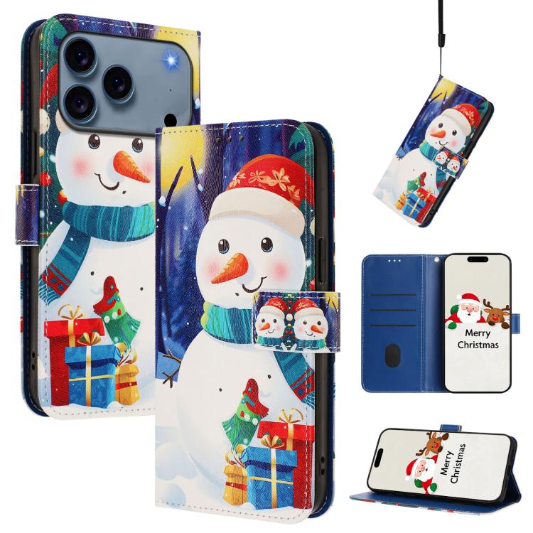 For iPhone 17 Pro Christmas Series Buckle Leather Phone Case with Hand Strap(Gift Box Snowman)