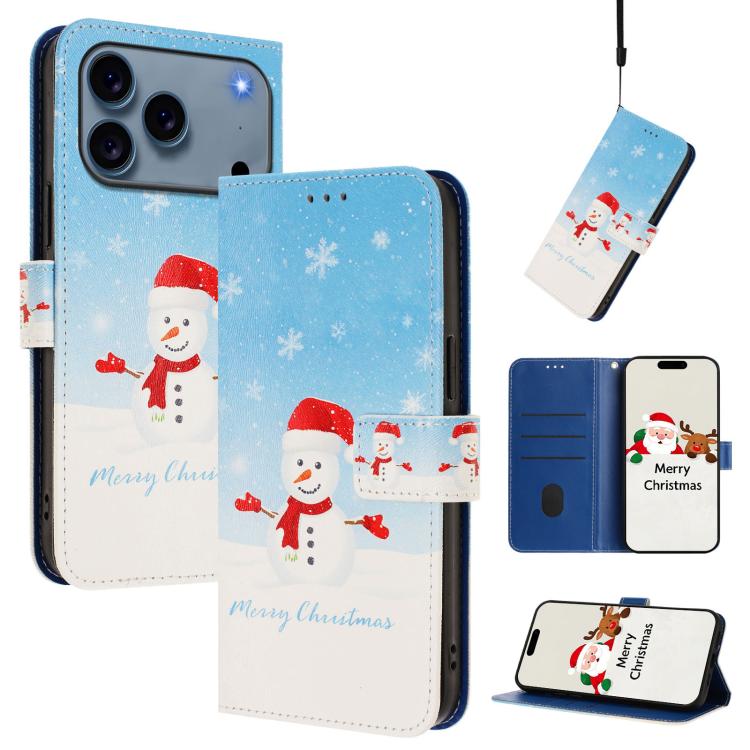 For iPhone 17 Pro Christmas Series Buckle Leather Phone Case with Hand Strap(Snowflake Snowman)