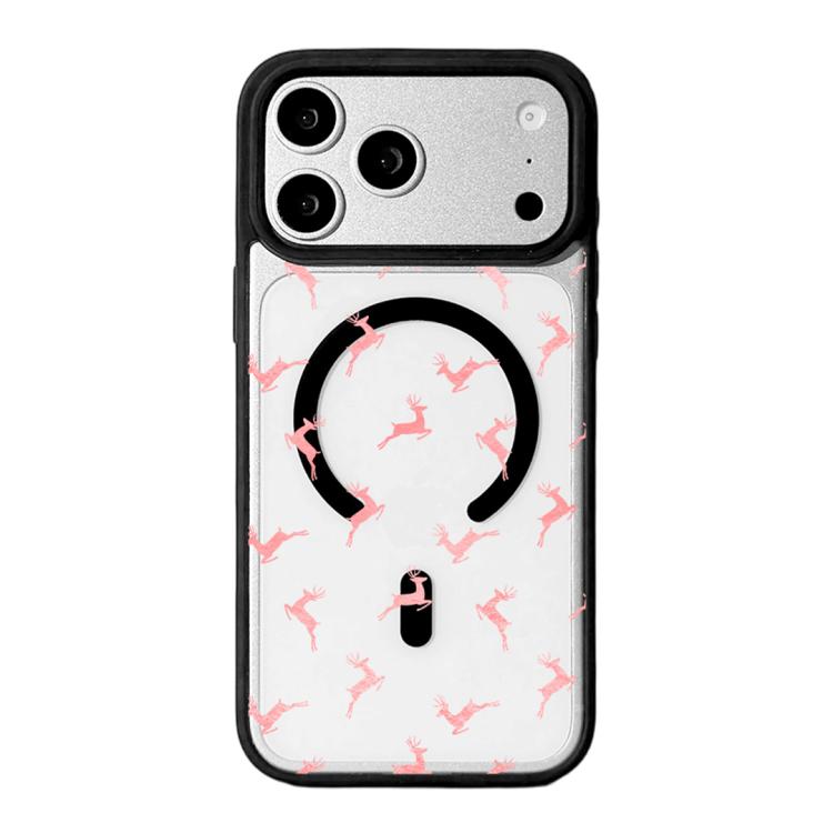 For iPhone 17 Pro Christmas Series Strong Magnetic Painted Black Edge Phone Case(Pink Reindeer Leaping)