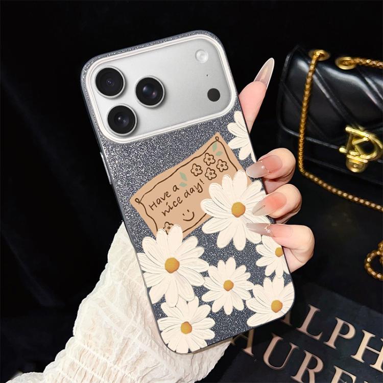 For iPhone 17 Pro Chrysanthemum Pattern IMD Glitter PC Hybrid TPU Phone Case(Black)