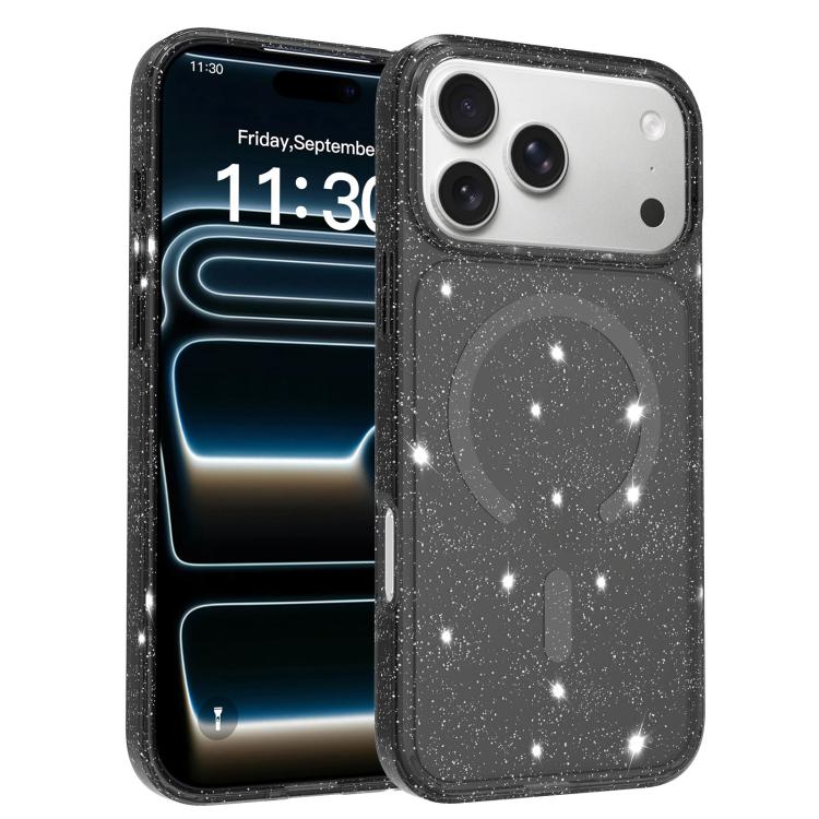 For iPhone 17 Pro Clear Glitter Magnetic PC Hybrid TPU Phone Case(Black)