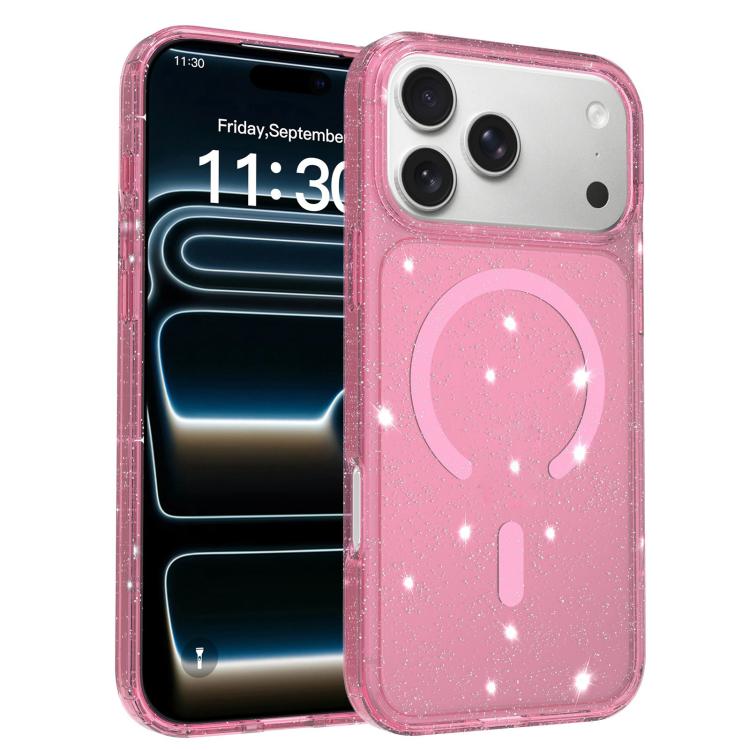 For iPhone 17 Pro Clear Glitter Magnetic PC Hybrid TPU Phone Case(Pink)