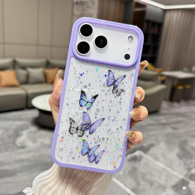 For iPhone 17 Pro Color Butterfly Glitter Epoxy TPU Phone Case(Purple)