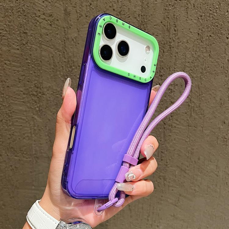 For iPhone 17 Pro Color Contrast Lens Frame Transparent TPU Phone Case with Lanyard(Purple+Green)