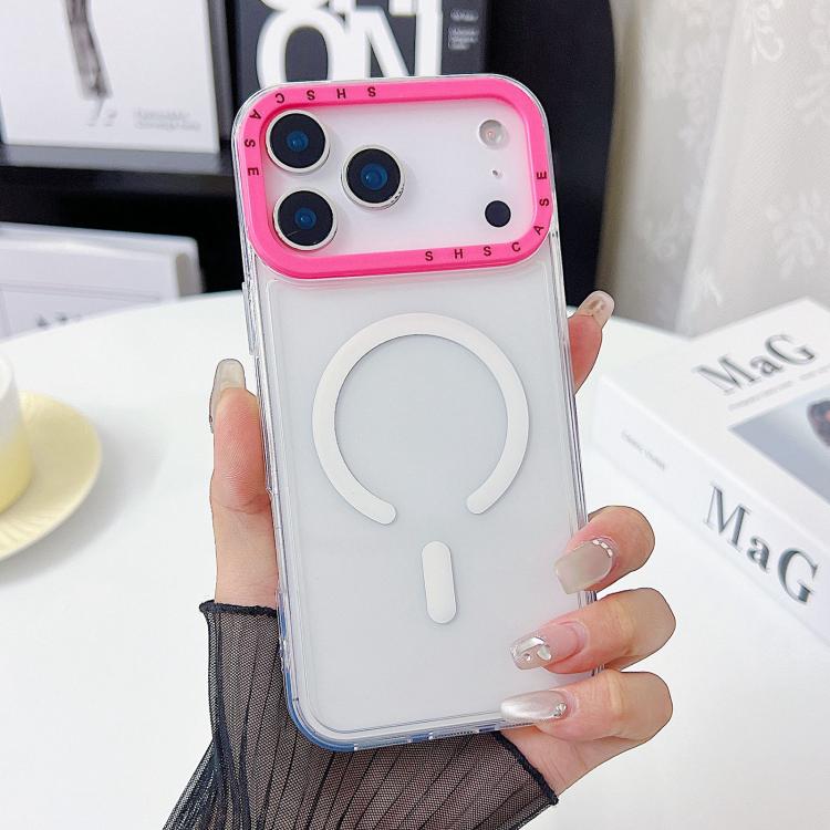 For iPhone 17 Pro Color Contrast Lens Frame Transparent TPU Phone Case(Rose Red)