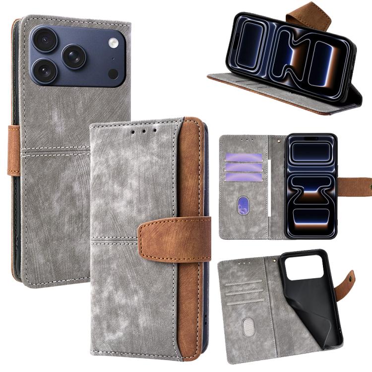 For iPhone 17 Pro Color Stitching Skin Feel Leather RFID Blocking Phone Case(Grey)