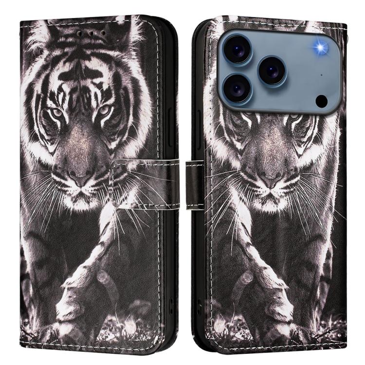 For iPhone 17 Pro Colored Drawing Pattern Plain Weave Leather Phone Case(Black And White Tiger)