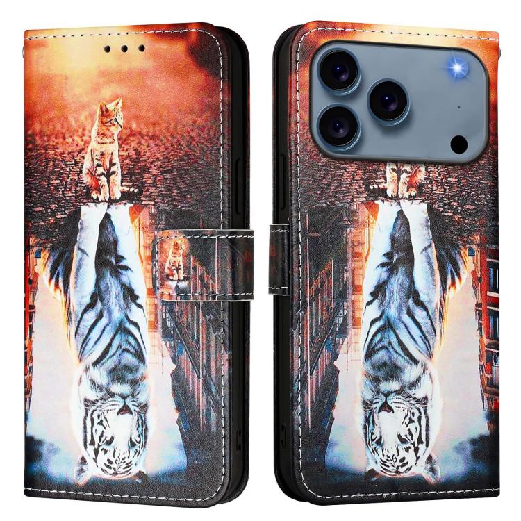 For iPhone 17 Pro Colored Drawing Pattern Plain Weave Leather Phone Case(Cats And Tigers)