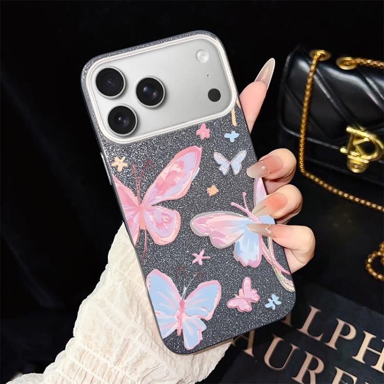 For iPhone 17 Pro Colorful Butterflies Pattern IMD Glitter PC Hybrid TPU Phone Case(Black)