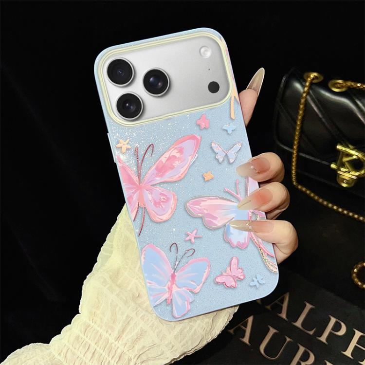 For iPhone 17 Pro Colorful Butterflies Pattern IMD Glitter PC Hybrid TPU Phone Case(Blue)