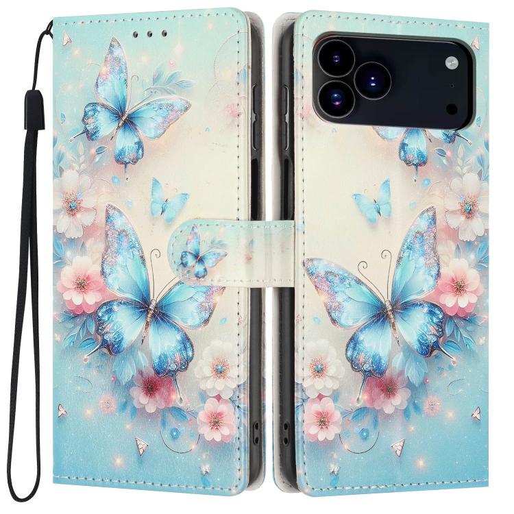 For iPhone 17 Pro Colorful Painting Vegan Leather Phone Case with Lanyard(Blue Butterflies)