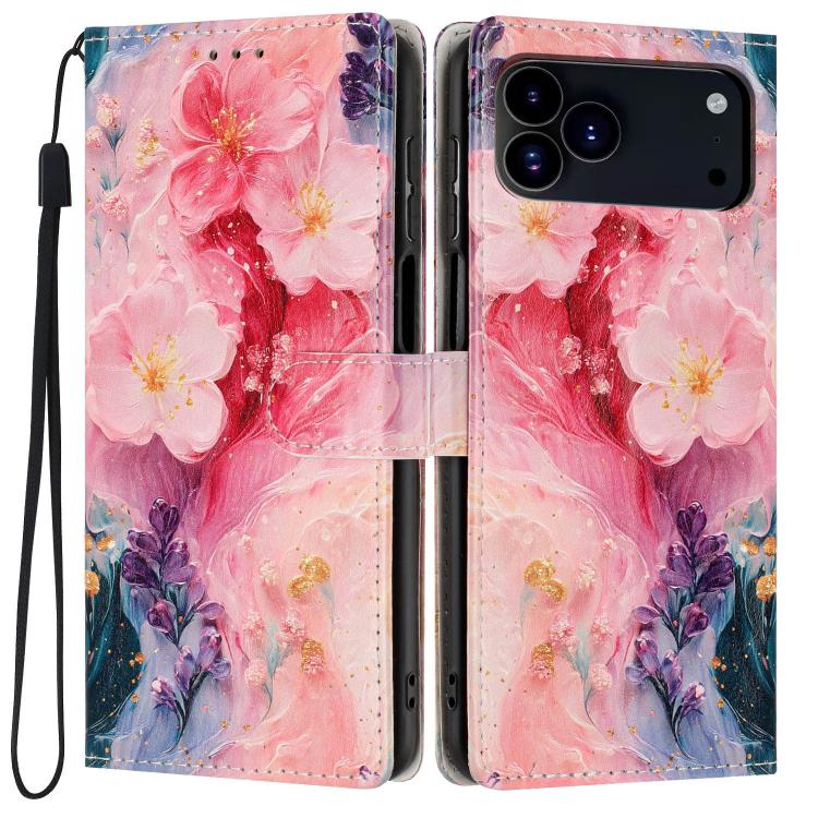 For iPhone 17 Pro Colorful Painting Vegan Leather Phone Case with Lanyard(Oil Painting Flowers)
