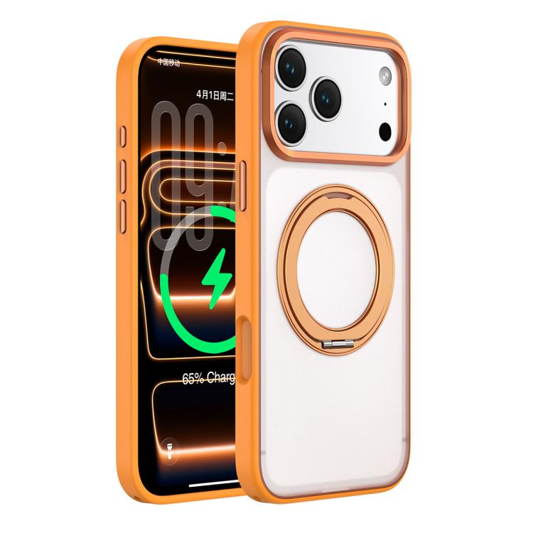 For iPhone 17 Pro Colorful Skin-Friendly Metal Lens Frame Magnetic Rotating Holder Phone Case(Orange)