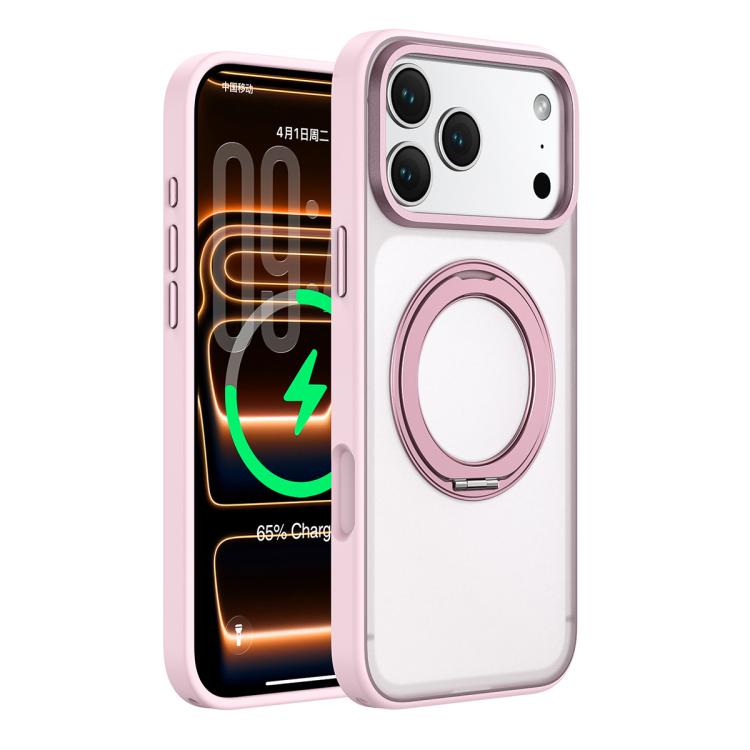 For iPhone 17 Pro Colorful Skin-Friendly Metal Lens Frame Magnetic Rotating Holder Phone Case(Pink)