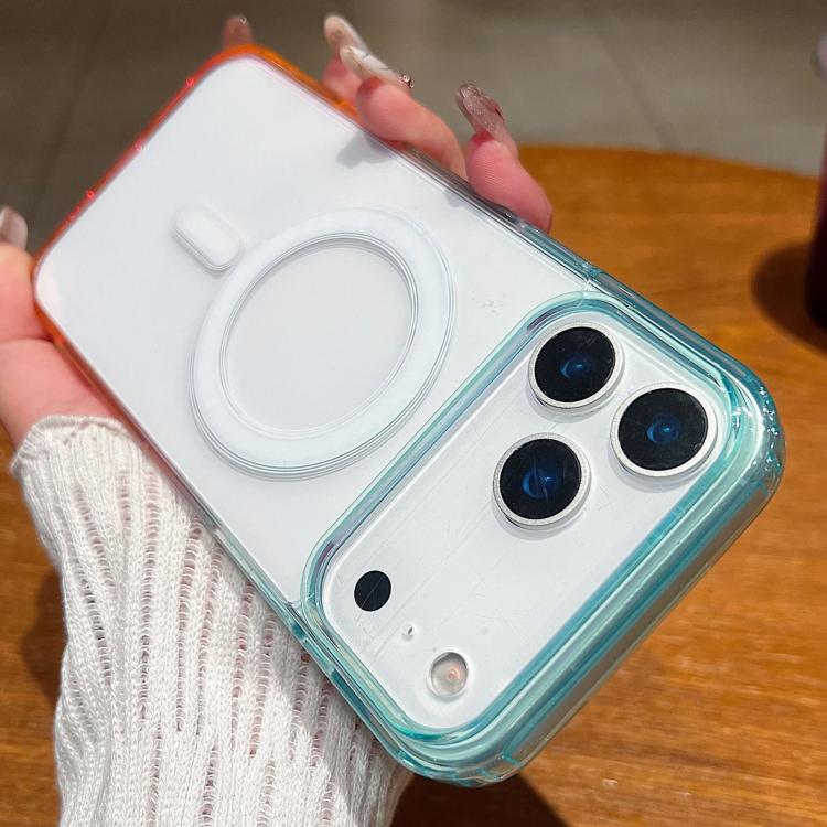 For iPhone 17 Pro Contrast Color Gradient Transparent MagSafe Phone Case(Blue Green + Pink)
