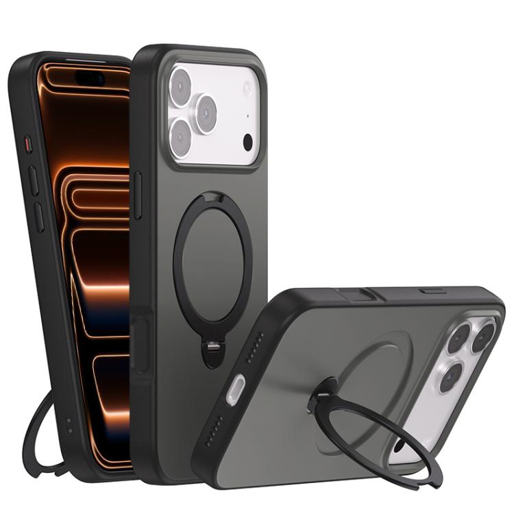 For iPhone 17 Pro Contrast Color Rotation Holder Magsafe Phone Case(Black)