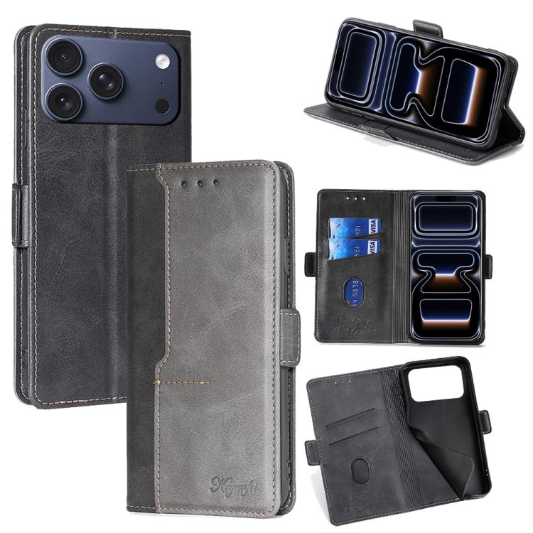 For iPhone 17 Pro Contrast Color Side Buckle Leather Phone Case(Black + Grey)