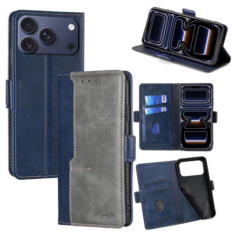 For iPhone 17 Pro Contrast Color Side Buckle Leather Phone Case(Blue + Grey)