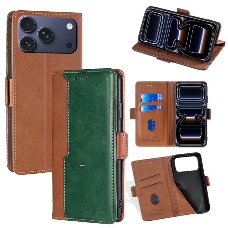 For iPhone 17 Pro Contrast Color Side Buckle Leather Phone Case(Light Brown + Green)