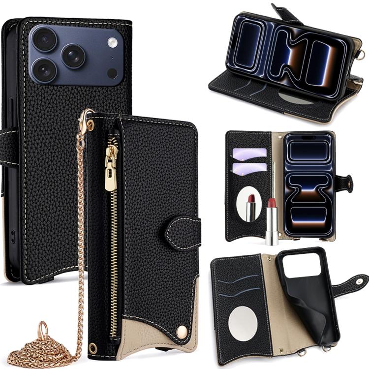 For iPhone 17 Pro Crossbody Chain Fishtail Litchi Leather Phone Case(Black)