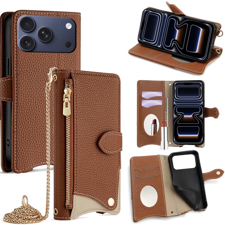For iPhone 17 Pro Crossbody Chain Fishtail Litchi Leather Phone Case(Brown)