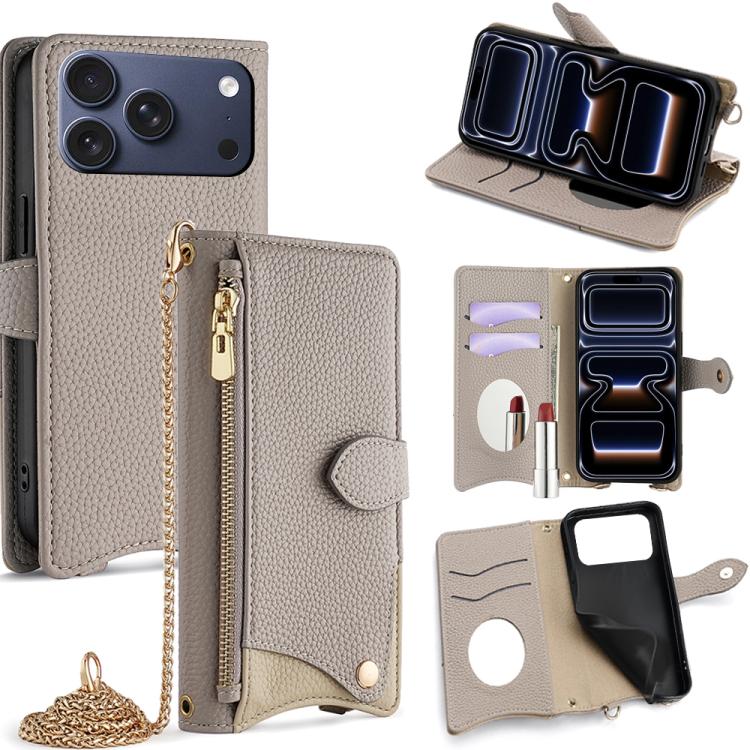 For iPhone 17 Pro Crossbody Chain Fishtail Litchi Leather Phone Case(Grey)