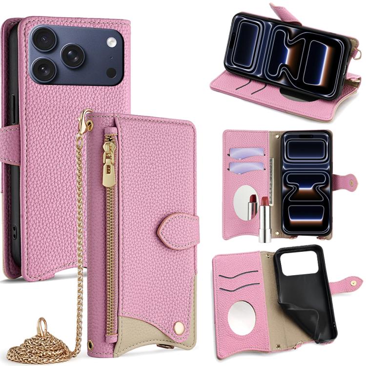 For iPhone 17 Pro Crossbody Chain Fishtail Litchi Leather Phone Case(Pink)