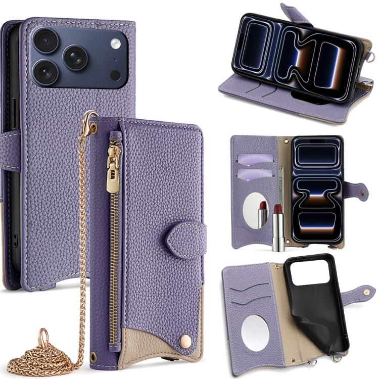 For iPhone 17 Pro Crossbody Chain Fishtail Litchi Leather Phone Case(Purple)