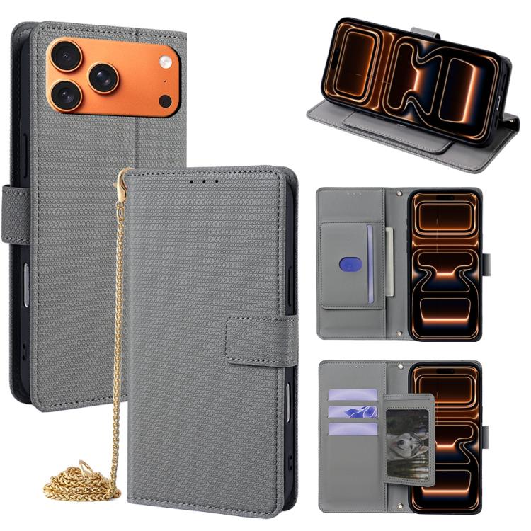 For iPhone 17 Pro Crossbody Chain Triangle Leather Phone Case(Grey)