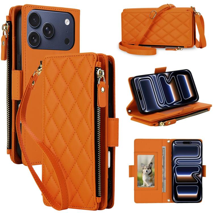 For iPhone 17 Pro Crossbody Diamond 9 Card Slots Zipper Bag Vegan Leather Phone Case(Orange)
