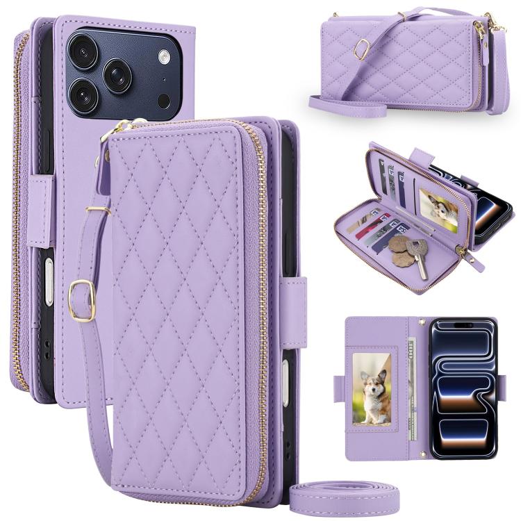 For iPhone 17 Pro Crossbody Diamond Lattice Zipper Wallet RFID Vegan Leather Phone Case(Light Purple)