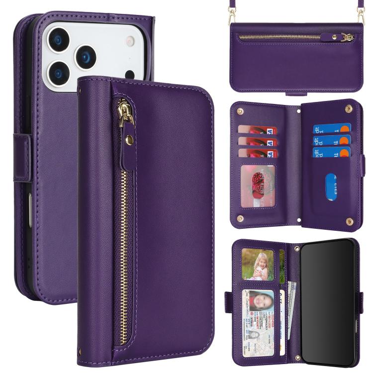 For iPhone 17 Pro Crossbody Front Zipper Multi-Card Wallet Bag Vegan Leather Phone Case(Dark Purple)