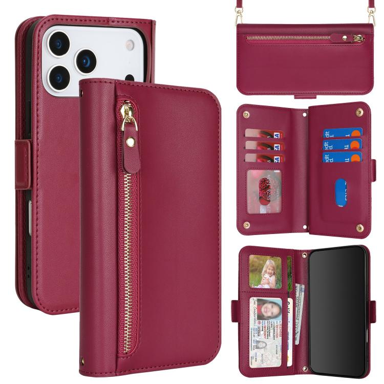 For iPhone 17 Pro Crossbody Front Zipper Multi-Card Wallet Bag Vegan Leather Phone Case(Dark Red)