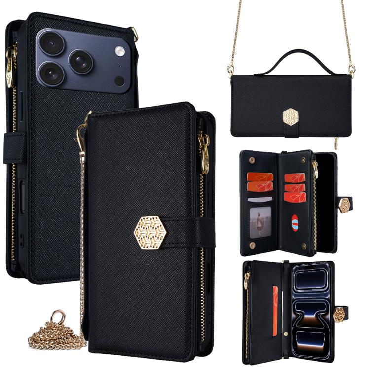 For iPhone 17 Pro Crossbody Handle Cross Texture Leather Phone Case(Black)