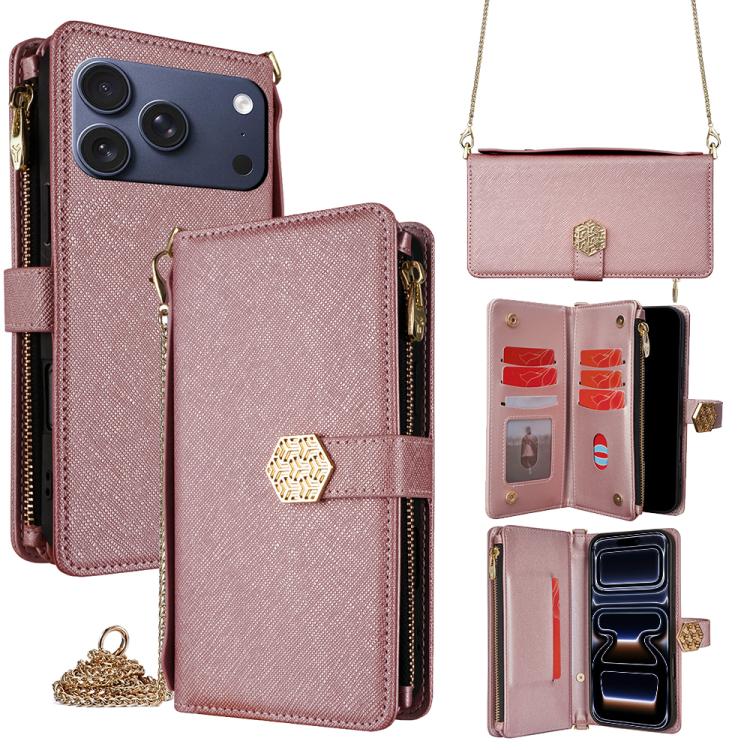 For iPhone 17 Pro Crossbody Handle Cross Texture Leather Phone Case(Rose Gold)