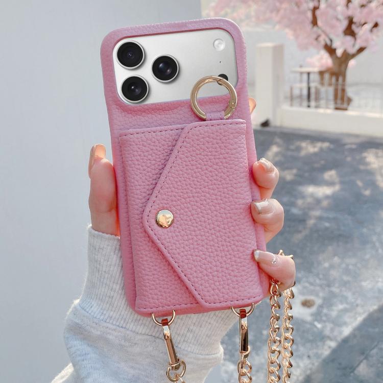 For iPhone 17 Pro Crossbody Mirror Wallet Litchi Vegan Leather Back Phone Case(Pink)