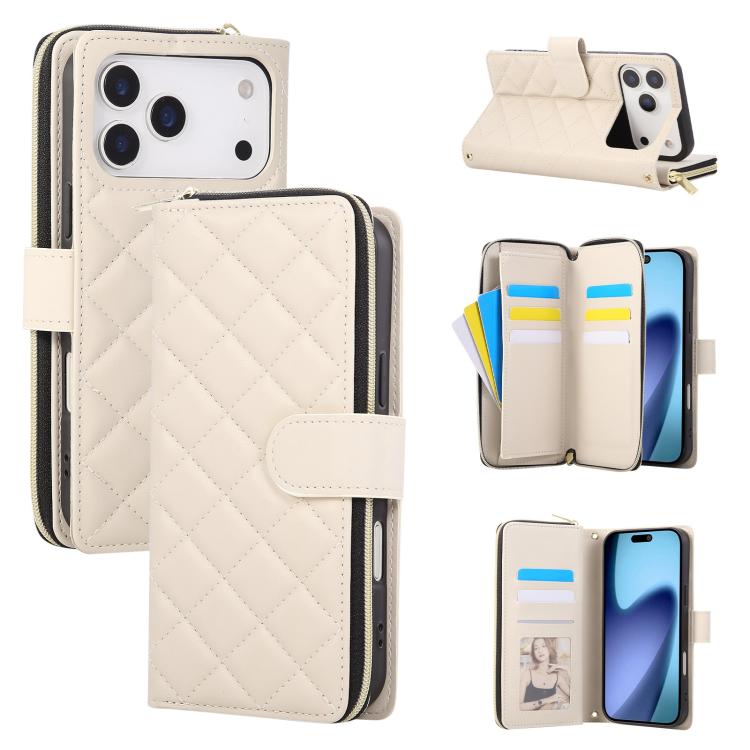For iPhone 17 Pro Crossbody Rhombic Zipper Tower Buckle Leather Phone Case with Lanyard(Beige)