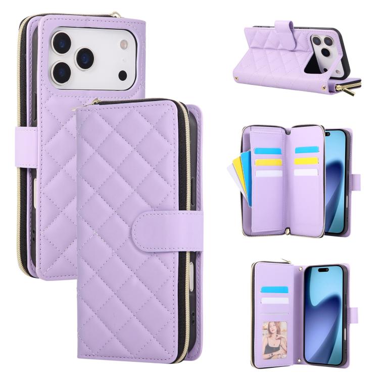 For iPhone 17 Pro Crossbody Rhombic Zipper Tower Buckle Leather Phone Case with Lanyard(Purple)